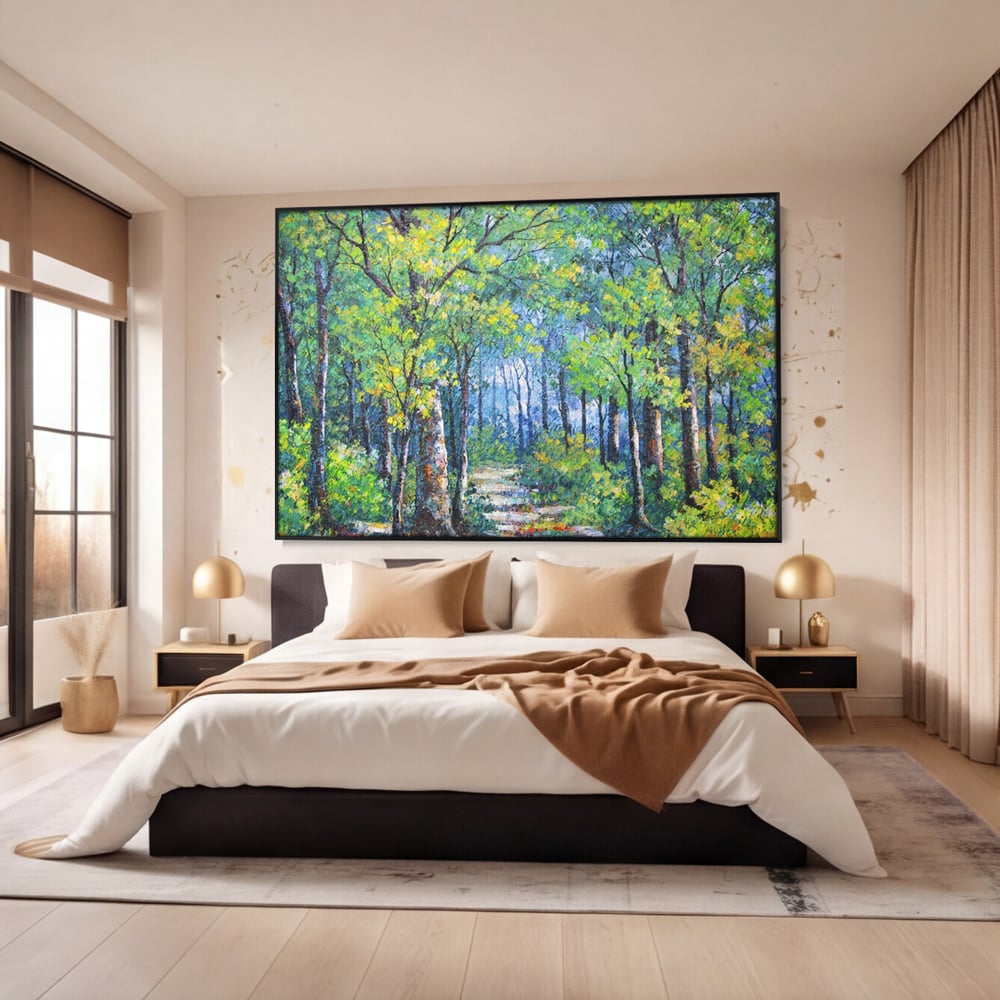 Tablou canvas cu tablou canvas cu peisaj de padure, in rama de aluminiu negru, pe perete intr-un dormitor